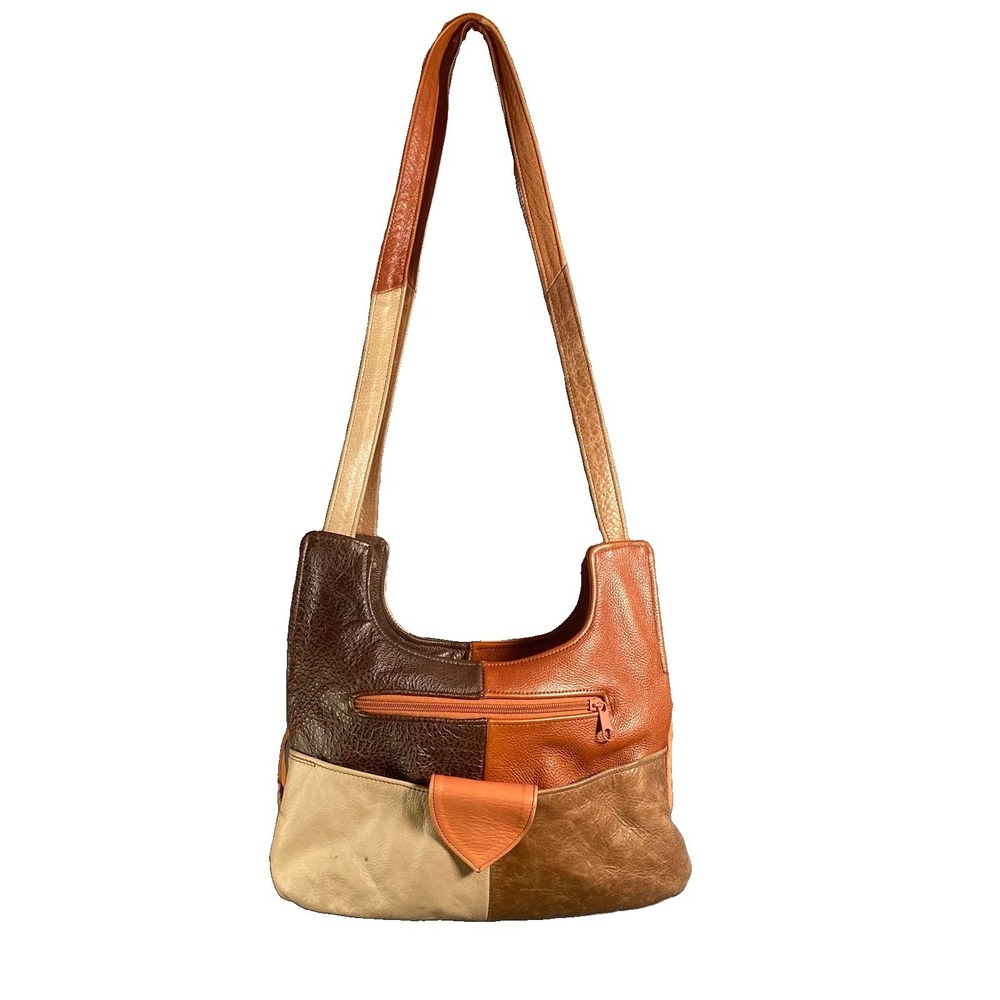 Vintage Boho Patchwork Genuine Leather Crossbody Shoulder Bag Made in Mexico
